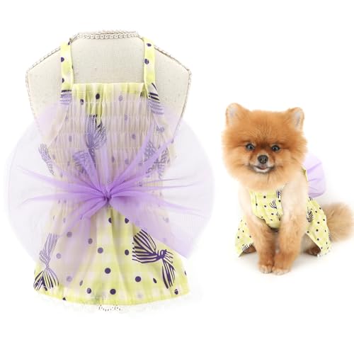 SMALLLEE_LUCKY_STORE Gepunktetes Hundekleid für extra kleine und kleine Hunde, Welpen-Outfit mit Spitzen-Schleifen-Rock, dehnbare Haustierkleidung, Yorkie, Chihuahua, Katzen, Kostüm, Gelb, Größe XL von smalllee_lucky_store