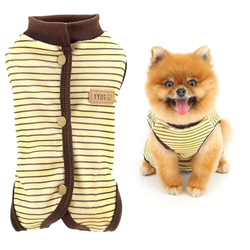 SMALLLEE_LUCKY_STORE Gestreifter Fleece-Schlafanzug für kleine Hunde, Chirurgie, Genesungsanzug, Anti-Lecken, Welpen-Pyjama für kastrierte Bauchwunden, atmungsaktiv nach Operationen, Gelb, Größe XL von smalllee_lucky_store