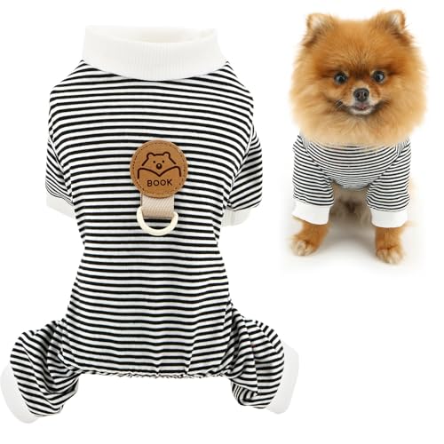 SMALLLEE_LUCKY_STORE Gestreifter Hunde-Pyjama für kleine Hunde, Haustier-Overall mit D-Ring und Aufnäher, für Welpen, dehnbar, Sommer-Frühlingskleidung, Chihuahua, Yorkie, Katzenkleidung, Schwarz, von smalllee_lucky_store