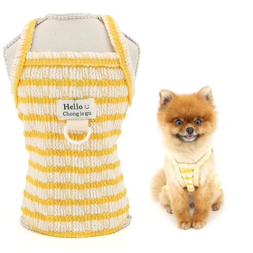 SMALLLEE_LUCKY_STORE Gestreiftes Hunde-Shirt für kleine Hunde, Haustierpullover, Cami-T-Shirt mit D-Ring, dehnbar, Sommer-Tanktop, atmungsaktiv, leicht, Welpenkleidung, Chihuahua, Yorkie, Katze, Gelb von smalllee_lucky_store