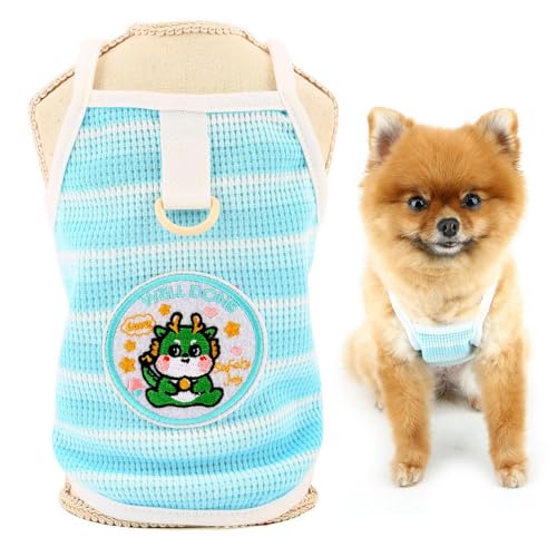 SMALLLEE_LUCKY_STORE Gestreiftes Hunde-Shirt für kleine Hunde, Haustierpullover, Neckholder-T-Shirt mit Drachen-Patch und D-Ring, elastische Sommerkleidung, Welpen, Tanktop, Chihuahua, Yorkie, von smalllee_lucky_store