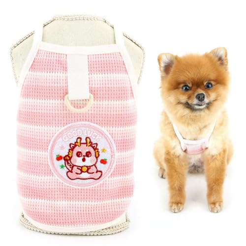 SMALLLEE_LUCKY_STORE Gestreiftes Hunde-Shirt für kleine Hunde, Haustierpullover, Neckholder-T-Shirt mit Drachenaufnäher und D-Ring, elastische Sommerkleidung, Welpen, Tanktop, Chihuahua, Yorkie, von smalllee_lucky_store