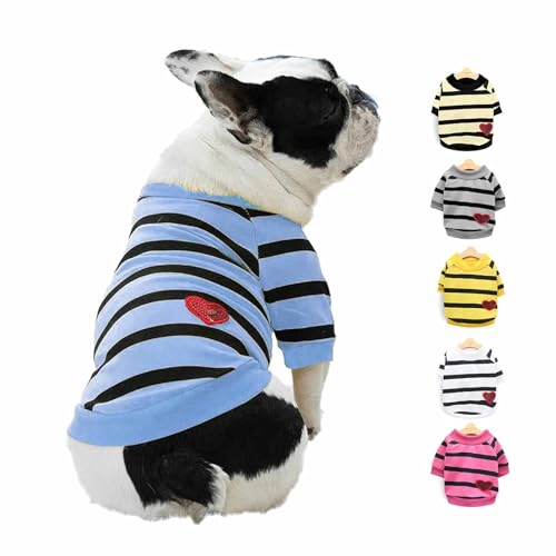 SMALLLEE_LUCKY_STORE Gestreiftes Shirt für kleine und mittelgroße Hunde mit rotem Herz, Sommerkleidung, Frenchie Mops, englischer Pitbull, Boston Terrier, Blau, Größe S von smalllee_lucky_store