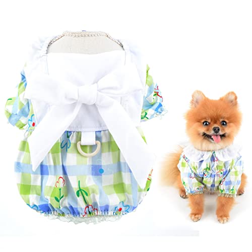 SMALLLEE_LUCKY_STORE Haustier Niedliche Schleife Blumen Plaid Sommerkleid Welpengeschirr Kleid mit D-Ring für kleine Hunde Katzen Mädchen Yorkie Chihuahua Teetasse Sommerkleidung, Blau, S von smalllee_lucky_store