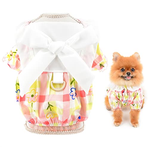 SMALLLEE_LUCKY_STORE Haustier-Sommerkleid, niedliche Schleife, florales Karomuster, Kleid mit D-Ring für kleine Hunde, Katzen, Mädchen, Yorkie, Chihuahua, Teetasse, Sommerkleidung, Rosa, L von smalllee_lucky_store