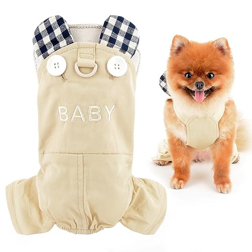 SMALLLEE_LUCKY_STORE Haustierkleidung, niedliches kariertes Hasenohren, Welpenoverall für kleine Hunde, Katzen, mit D-Ring, Hemd, Hose, Outfits, Yorkie, Chihuahua, einteiliger Jumpsuit, Khaki, Größe M von smalllee_lucky_store