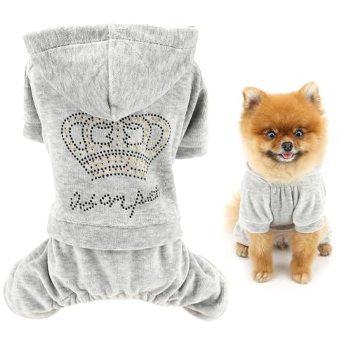 SMALLLEE_LUCKY_STORE Hunde-Kapuzenpullover für kleine Hunde, Mädchen, Strass-Krone, Hunde-Outfits, Welpen-Pyjama mit Loch für die Leine, dehnbar, weicher Samt, 4-beiniger Overall von smalllee_lucky_store