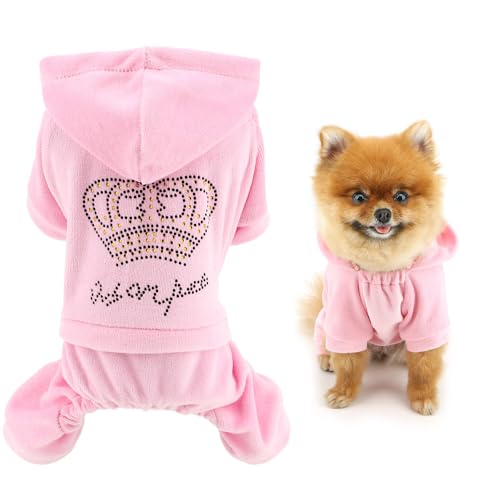 SMALLLEE_LUCKY_STORE Hunde-Kapuzenpullover für kleine Hunde, Mädchen, Strass-Krone, Hunde-Outfits, Welpen-Pyjama mit Loch für die Leine, dehnbar, weicher Samt, 4-beiniger Overall von smalllee_lucky_store
