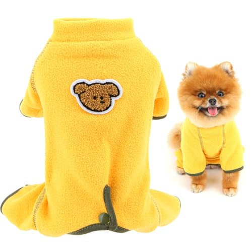 SMALLLEE_LUCKY_STORE Hunde-Pyjama aus solidem Fleece für Xsmall und kleine Hunde, Welpen, Vierbein-Pullover, Winter, Herbst, Pyjama, Body, warm, Haustier-Pyjama, atmungsaktiv, Bauchschutz, Gelb, Größe von smalllee_lucky_store