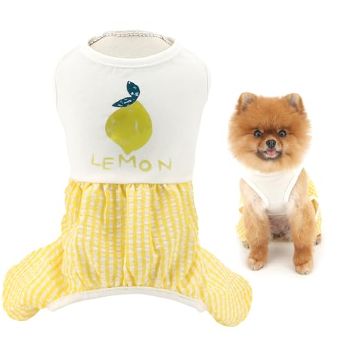 SMALLLEE_LUCKY_STORE Hunde-Pyjama für kleine Hunde, Gingham-Muster, mit süßem Frucht-Welpenpullover, bequemer Schlafanzug, Sommer, Frühling, Chihuahua, Yorkie, Katzenkleidung, Gelb, Größe M von smalllee_lucky_store