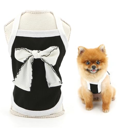 SMALLLEE_LUCKY_STORE Hunde-Shirt für kleine Hunde, Haustierpullover, Cami-T-Shirt mit Schleife, Frühling, Sommer, atmungsaktiv, leicht, Welpen, Tanktop, Chihuahua, Yorkie, Katzenkleidung, Schwarz von smalllee_lucky_store