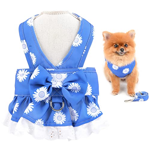 SMALLLEE_LUCKY_STORE Hundegeschirr und Leine mit Blumenschleife, für Welpen, Mädchen, Katzen, Sommerkleid, Frühling, Sommer, Kleidung für kleine Haustiere, Urlaub, Festival-Outfits, Dunkelblau, XS von smalllee_lucky_store