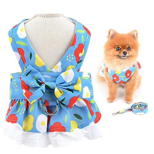 SMALLLEE_LUCKY_STORE Hundegeschirr und Leine mit Blumenschleife, für Welpen, Mädchen, Katzen, Sommerkleid, Frühling, Sommer, Kleidung für kleine Haustiere, Urlaub, Festival-Outfits, Hellblau, L von smalllee_lucky_store