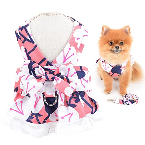 SMALLLEE_LUCKY_STORE Hundegeschirr und Leine mit Blumenschleife, für Welpen, Mädchen, Katzen, Sommerkleid, Frühling, Sommer, Kleidung für kleine Haustiere, Urlaub, Festival-Outfits, Rosa, L von smalllee_lucky_store