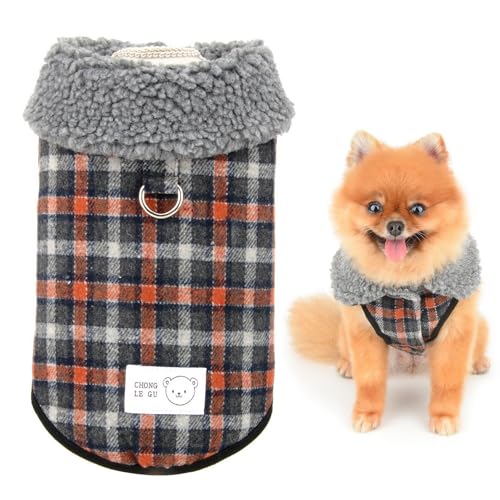 SMALLLEE_LUCKY_STORE Hundemantel mit Fleece gefütterter Hundemantel für kleine Hunde, karierte Haustierweste mit Ring für die Leine und flauschigem Halsband, Kaltwetterjacke, Winter, Herbstpullover, von smalllee_lucky_store