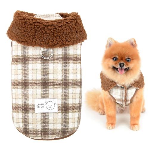 SMALLLEE_LUCKY_STORE Hundemantel mit Fleece gefütterter Hundemantel für kleine Hunde, karierte Haustierweste mit Ring für die Leine und flauschigem Halsband, Kaltwetterjacke, Winter, Herbstpullover, von smalllee_lucky_store