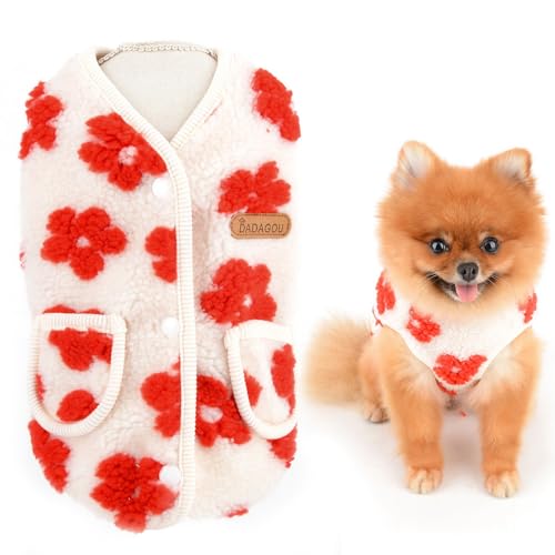 SMALLLEE_LUCKY_STORE Hundepullover mit Blumenmuster, Fleece-Weste, Herbst, Winter, warm, Sweatshirt-Jacke für kleine Hunde, Mädchen, mit Taschen, Katzenbekleidung, Welpen, Yorkie, Chihuahua, Kleidung, von smalllee_lucky_store