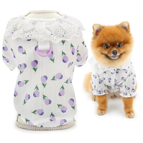 SMALLLEE_LUCKY_STORE Hundeshirt mit Blumenmuster für kleine Hunde, Mädchen, Haustier-T-Shirt mit D-Ring und Spitzenkragen, Sommer, Frühling, atmungsaktiv, für Welpen, Chihuahua, Yorkie, von smalllee_lucky_store