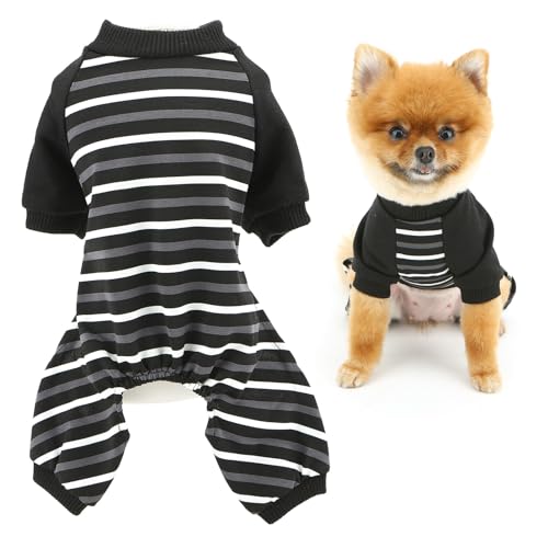 SMALLLEE_LUCKY_STORE Klassischer gestreifter Hunde-Pyjama für kleine Hunde, kühlender Welpenpullover, Jumpsuit, dehnbar, Haustier-Pyjama, Sommer, Frühling, atmungsaktiv, Chihuahua, Yorkie, Grau, Größe von smalllee_lucky_store