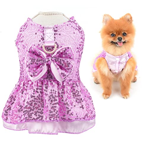 SMALLLEE_Lucky_Store Metallische Pailletten Hundegeschirr Kleid, niedliche Schleife Haustier Hochzeit Party Formal Kleid für kleine Hunde Katzen,mit D-Ring Welpenrock Sommerkleidung, Fuchsia, XS von smalllee_lucky_store