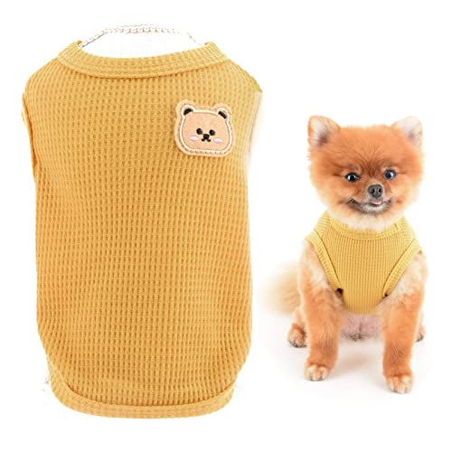 SMALLLEE_LUCKY_STORE Niedlicher Bär Waffelstrick Tank Top Welpe T-Shirt für kleine Hunde Katzen Junge Mädchen Dehnbares T-Shirt Weste Yorkie Chihuahua Haustier Sommerkleidung, Gelb, L von smalllee_lucky_store