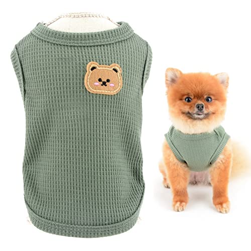 SMALLLEE_LUCKY_STORE Niedlicher Bär Waffelstrick Tank Top Welpe T-Shirt für kleine Hunde Katzen Junge Mädchen Dehnbares T-Shirt Weste Yorkie Chihuahua Haustier Sommerkleidung, Grün, XL von smalllee_lucky_store