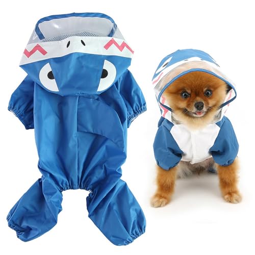 SMALLLEE_LUCKY_STORE Niedlicher Hai-Regenmantel für kleine Hunde mit Kapuze und Leine, D-Ring, Welpen, Regenjacke mit 4 Beinen, Overall, leicht, wasserdicht, Blau, XL von smalllee_lucky_store