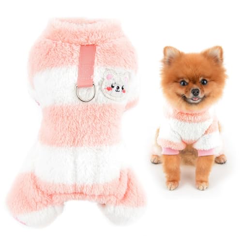 SMALLLEE_LUCKY_STORE Fleece-Hunde-Pyjama für kleine Spielzeuge, Hunde und Katzen, mit Leinen-Ring, gestreift, Welpen, Vierbein-Overall, XXS, Haustierpullover, Pullover, Herbst, Winter, Yorkie von smalllee_lucky_store