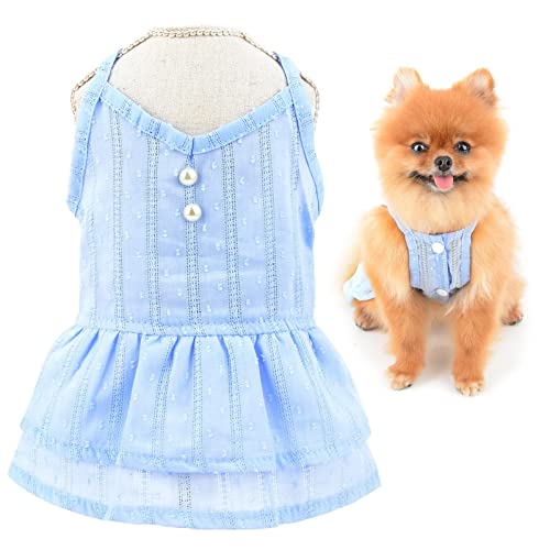 SMALLLEE_LUCKY_STORE Niedliches Haustier-Baumwollkleid für kleine Hunde, Katzen, Mädchen mit Perlen, Welpenrock, leicht, Yorkie, Chihuahua, Sommerkleidung, Blau, M von smalllee_lucky_store