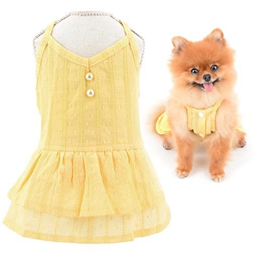 SMALLLEE_LUCKY_STORE Niedliches Haustier-Baumwollkleid für kleine Hunde, Katzen, Mädchen mit Perlen, Welpenrock, leicht, Yorkie, Chihuahua, Sommerkleidung, Gelb, XL von smalllee_lucky_store