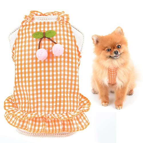 SMALLLEE_Lucky_Store Niedliches Kirsch-Haustierkleid, kariertem Träger Sommerkleid für kleine Hunde Katzen Welpen, gerüschter Rock, Yorkie Chihuahua Sommerkleidung, Orange, S von smalllee_lucky_store