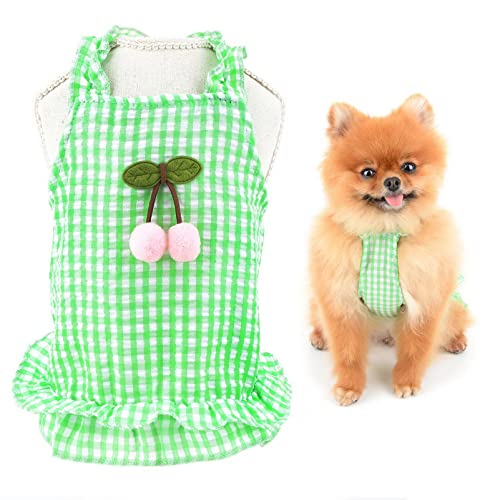 SMALLLEE_Lucky_Store Niedliches Kirsch-Haustierkleid, kariertem Träger Sommerkleid für kleine Hunde Katzen Welpen, gerüschter Rock, Yorkie Chihuahua Sommerkleidung, grün, L von smalllee_lucky_store