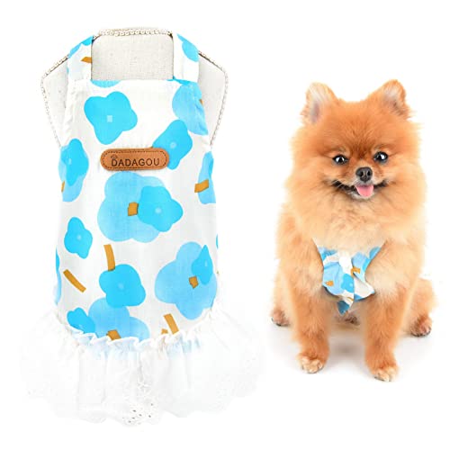 SMALLLEE_LUCKY_STORE Niedliches florales Haustierkleid aus Baumwolle mit Trägern, Sommerkleid für kleine Hunde Katzen Welpen, gerüschter Rock, Yorkie Chihuahua Sommerkleidung, blau, L von smalllee_lucky_store