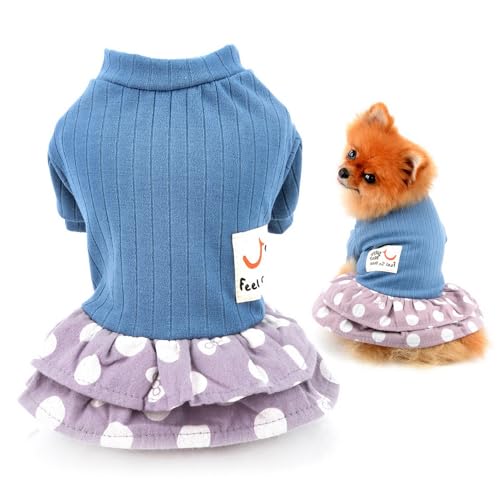 SMALLLEE_LUCKY_STORE Pet Clothes Girls Puppy Knit Sweater Dress for Small Medium Dog Cat Dots Tiered Skirt Female Yorkie Chihuahua Apparel,Blue,S von smalllee_lucky_store