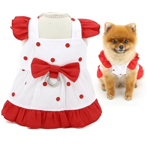 SMALLLEE_LUCKY_STORE Polka Dot Dog Strap Dresses for Small Dog Girls Puppy Harness Dress with D-Ring and Bow Spring Summer Breathable Pet Skirt Chihuahua Yorkie Cat Clothes, Red, M von smalllee_lucky_store