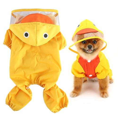 SMALLLEE_LUCKY_STORE Regenmantel für kleine Hunde mit Kapuze, Leine, D-Ring, Welpen-Botte, Daunenjacke, 4-Bein-Overall, leicht, wasserdicht, Gelb, Größe S von smalllee_lucky_store