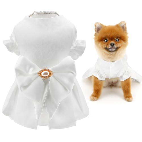 SMALLLEE_LUCKY_STORE Satin Hund Hochzeitskleid für kleine Hunde Eleganter Prinzessin Welpe Rock mit Schleife und Perle Haustier Braut Reines Weiß Tutu Kleid mit Puffärmeln Luxus Party Geburtstag von smalllee_lucky_store