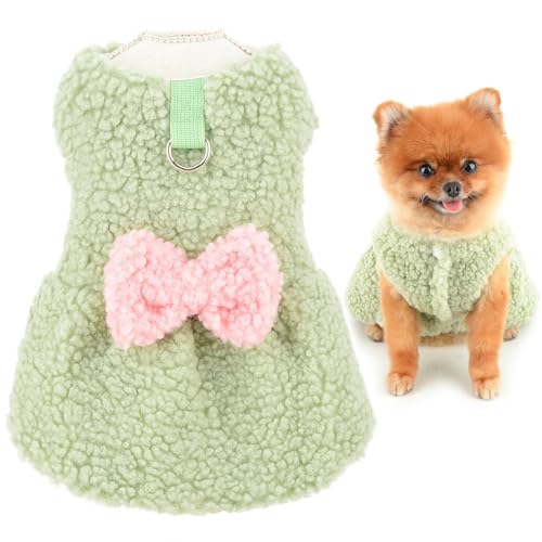 SMALLLEE_LUCKY_STORE Shearling Fleece-Hundekleid für kleine Hunde, solide Haustierweste mit D-Ring und Schleife, Welpen, kaltes Wetter, Rock, warm, Chihuahua, Yorkie, Outdoor-Kleidung, Grün, Größe M von smalllee_lucky_store