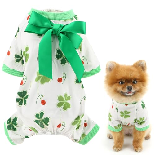SMALLLEE_LUCKY_STORE St. Patrick's Hunde-Pyjama für extra kleine und kleine Hunde, Welpen-Pyjama, Overall mit grünem Kleeblatt, Schleife, Haustier-Einteiler mit Füßen, Chihuahua, Katze, Festival, SMALLLEE_LUCKY_STORE St. Patrick's Hunde-Pyjama für extra kleine und kleine Hunde, Welpen-Pyjama, Overall mit grünem Kleeblatt, Schleife, Haustier-Einteiler mit Füßen, Chihuahua, Katze, Festival, von smalllee_lucky_store