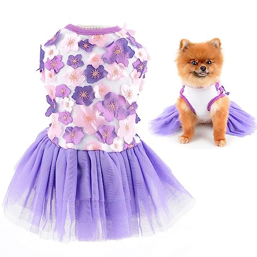 SMALLLEE_LUCKY_STORE Süßes Haustier-Blumen-Prinzessinnenkleid für kleine Hunde, Katzen, Mädchen, Welpen, Sommerkleid, Tutu, Rock, Yorkie, Chihuahua, Sommerkleidung, Lila/Weiß, Größe L von smalllee_lucky_store