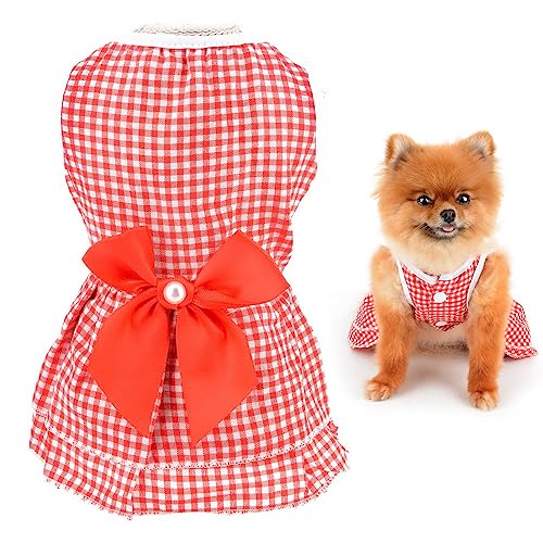 SMALLLEE_LUCKY_STORE Süßes Haustierkleid mit Schleife, Gingham-Karo, Prinzessinnenkleid für kleine Hunde, Katzen, Mädchen, Welpen, Sommerkleid, gestufter Rock, Yorkie, Chihuahua, Sommerkleidung, Rot, von smalllee_lucky_store