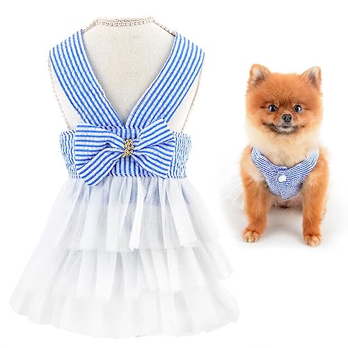 SMALLLEE_LUCKY_STORE Süßes gestreiftes Prinzessinnenkleid für kleine Hunde, Katzen, Mädchen, Welpen, Tüll, Tutu, Rock, Yorkie, Chihuahua, Sommer-Partykleidung, Blau/Weiß, Größe S von smalllee_lucky_store