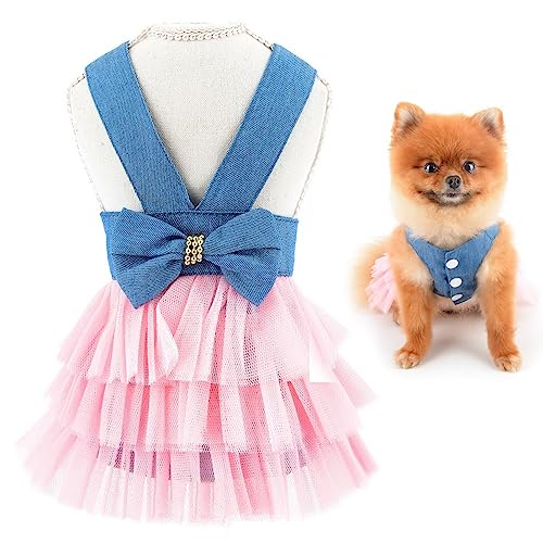 SMALLLEE_LUCKY_STORE Süßes gestreiftes Prinzessinnenkleid für kleine Hunde, Katzen, Mädchen, Welpen, Tüll, Tutu, Rock, Yorkie, Chihuahua, Sommer-Partykleidung, Denim/Rosa, Größe XL von smalllee_lucky_store