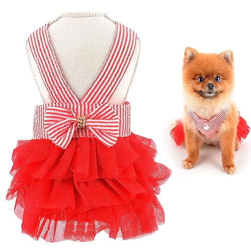 SMALLLEE_LUCKY_STORE Süßes gestreiftes Prinzessinnenkleid für kleine Hunde, Katzen, Mädchen, Welpen, Tüll, Tutu, Rock, Yorkie, Chihuahua, Sommer-Partykleidung, Rot, Größe L von smalllee_lucky_store