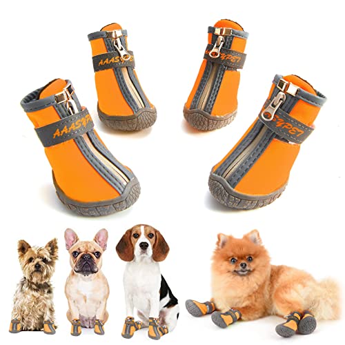 SMALLLEE_Lucky_Store wasserdichte Haustier-Schuhe für kleine mittelgroße Hunde Welpen-Stiefel für heiße Gehweg, reflektierende Riemen, rutschfeste Sohle Outdoor-Spaziergänge Pfotenschutz, Orange, 1# von smalllee_lucky_store