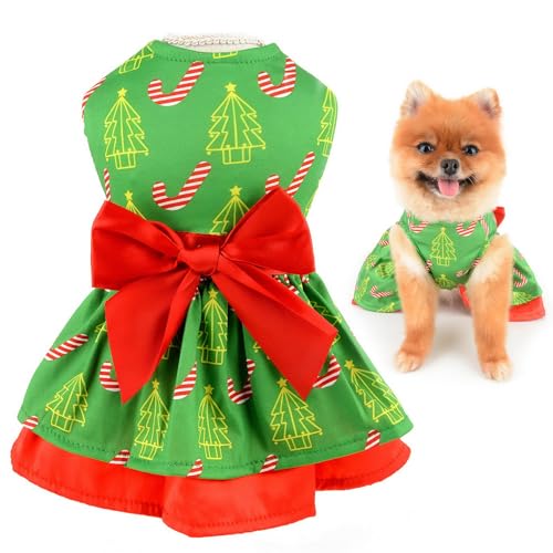 SMALLLEE_LUCKY_STORE Weihnachtliche Hundekleid für kleine Hunde Mädchen, niedliches Weihnachtsmuster, Haustierrock mit Schleife, weiches Urlaubsparty-Outfit, Welpenkostüm für Katze, Chihuahua, von smalllee_lucky_store