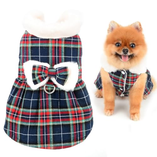 SMALLLEE_LUCKY_STORE Weihnachtliches Hundekleid für kleine Hunde, mit Fleece-Futter, karierter Haustiermantel mit D-Ring und Schleife, Baumwolle, Welpenkleidung mit flauschigem Kragen, Winter, Herbst, von smalllee_lucky_store