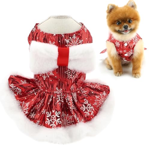 SMALLLEE_LUCKY_STORE Weihnachts-Hundekleid für kleine Hunde, mit Schneeflockenmuster, flauschige Schleife, Kunstfellbesatz, Welpen-Outfit, Herbst, Chihuahua, Yorkie, Katzenkostüm, Größe M SMALLLEE_LUCKY_STORE Weihnachts-Hundekleid für kleine Hunde, mit Schneeflockenmuster, flauschige Schleife, Kunstfellbesatz, Welpen-Outfit, Herbst, Chihuahua, Yorkie, Katzenkostüm, Größe M von smalllee_lucky_store