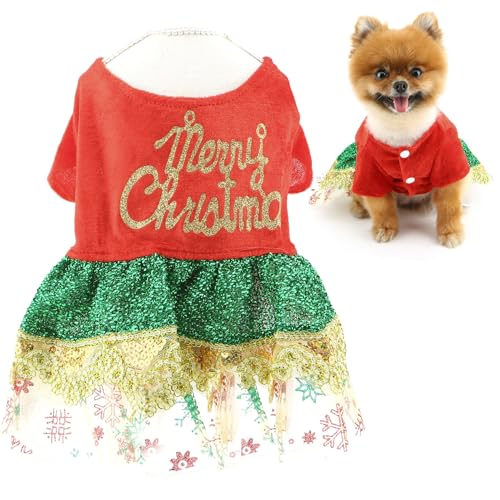 SMALLLEE_LUCKY_STORE Weihnachts-Hundekleid für kleine Hunde, weicher Samt, Haustierrock mit glitzerndem Spitzenbesatz, geschichteter Tüll, Welpen-Outfit, Chihuahua, Yorkie, Katzenkostüm, Größe M von smalllee_lucky_store