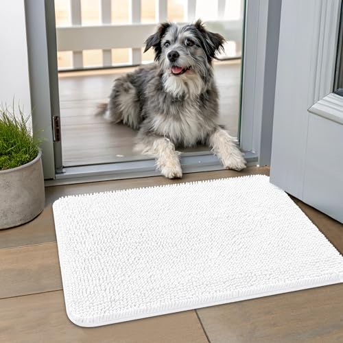 Smiry Hunde-Fußmatte für schlammige Pfoten, 61 x 40 cm, absorbiert Feuchtigkeit und Schmutz, rutschfest, waschbar, schnell trocknend, Chenille-Eingang, Eingangsteppich für Innenboden, Weiß Smiry Hunde-Fußmatte für schlammige Pfoten, 61 x 40 cm, absorbiert Feuchtigkeit und Schmutz, rutschfest, waschbar, schnell trocknend, Chenille-Eingang, Eingangsteppich für Innenboden, Weiß von smiry